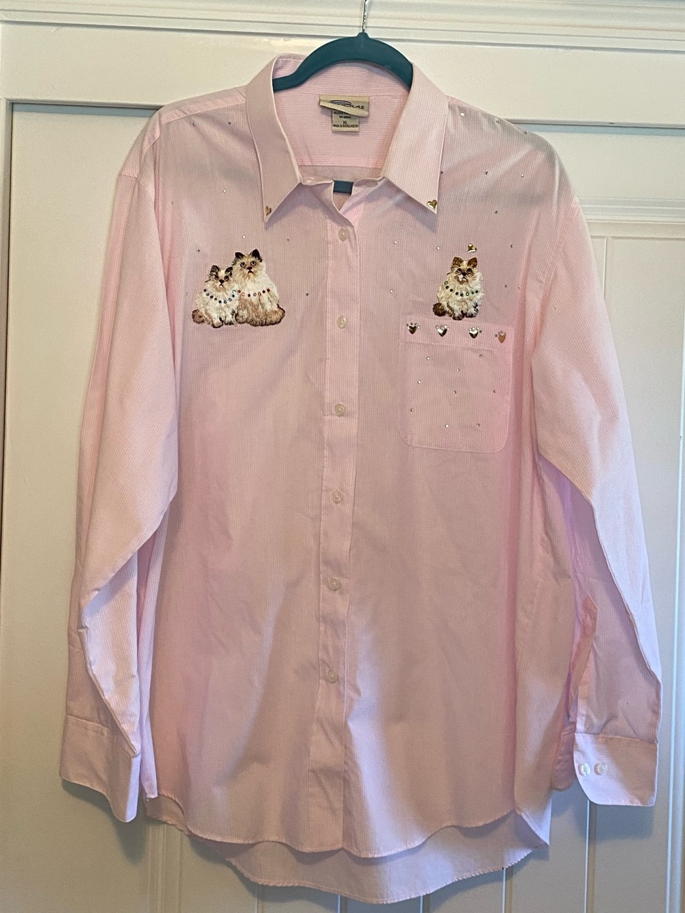 Women’s custom Pink Embroidered Cat Button-Up Shirt